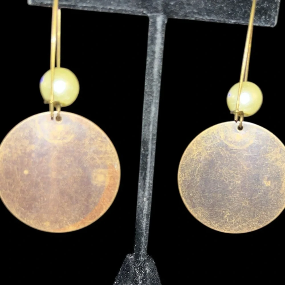 Pretty Brass Circle Initial “R”Earrings with Single Pearl